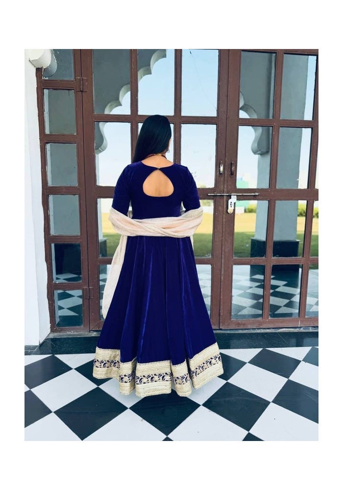 Malishka Export Blue Velvet Anarkali Kurta With Dupatta for Women - Image 2